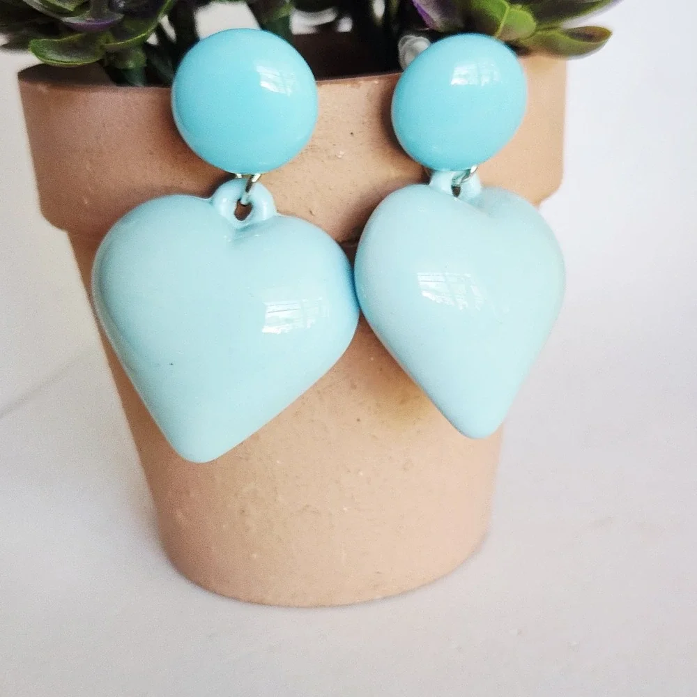 Light Blue‎ Heart Drop Earrings Glossy Puffy Dangle Statement Jewelry Post Back